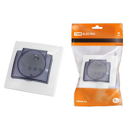 Розетка скрытой установки, 1 гнездо, 16 А, 250 В, с защитными шторками, пластик, IP44, белая, 2П+З, с крышкая, TDM Electric, Таймыр, SQ1814-0019