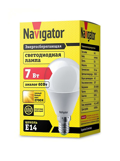 Лампа светодиодная E14, 7 Вт, 60 Вт, шар, 2700 К, теплый белый свет, Navigator, 94466