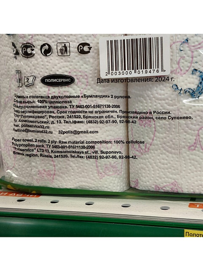 Полотенце бумажное 2 слоя, 2 рулона, с рисунком, в ассортименте, Бумландия