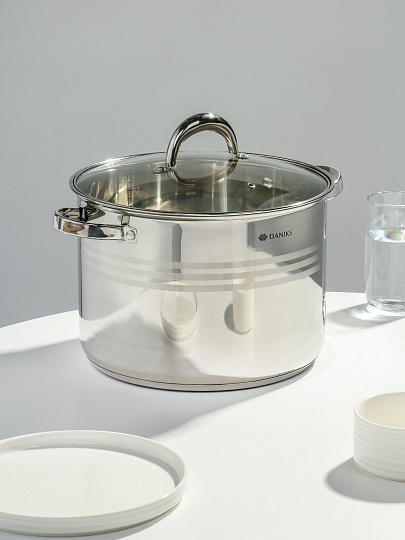 Кастрюля нержавеющая сталь, 10 л, крышка стекло, Daniks, Общепит, SD-6BP-10, индукция