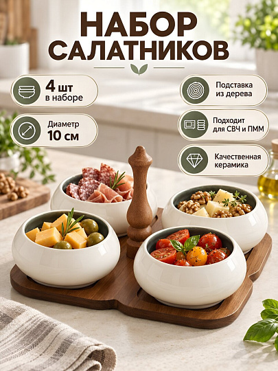 Салатник керамика, дерево, 4 шт, 10 см, на подставке, подарочная упаковка, Y4-13631, белый, мокко