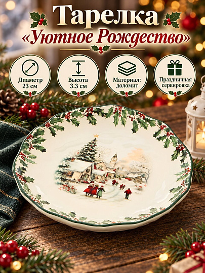 Тарелка доломит, 23х23х3.3 см, круглая, Уютное Рождество, Daniks