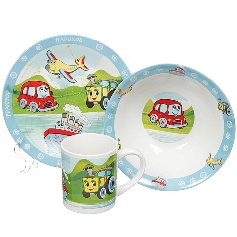 Набор детской посуды из керамики Транспорт MFK04001, 3 предмета (кружка 240 мл, тарелка 190 мм, салатник 180 мм)