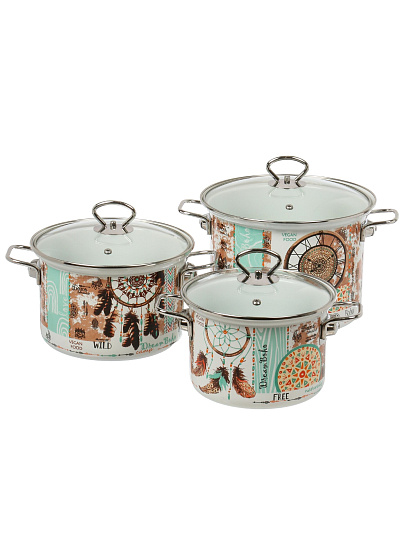 Набор посуды эмалированная сталь, 6 предметов, 1.9, 2.5, 5 л, индукция, Керченский металлургический завод, Бохо-5-1-Элит, белый