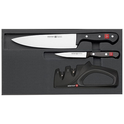 Набор ножей 3 предмета, 10 см, 20 см, точилка, нержавеющая сталь, рукоятка пластик, Wuesthof, Gourmet, 9654-1