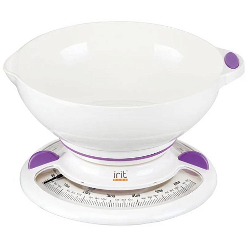 Весы кухонные механические, пластик, Irit, IR-7131, чаша, точность 25 г, до 3 кг, белые