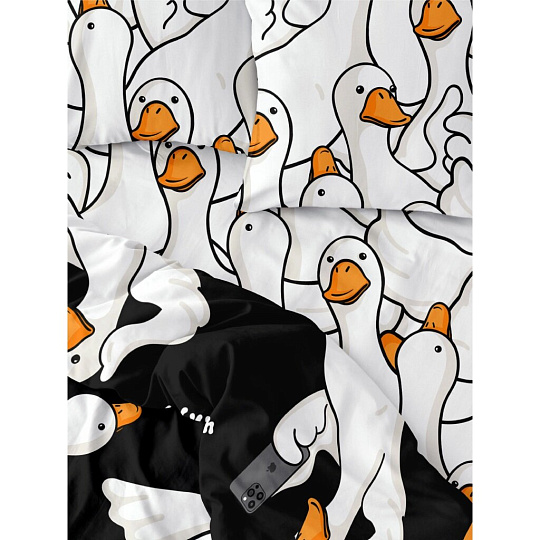 Постельное белье детское 1.5-спальное, простыня 150х214 см, 1 наволочка 70х70 см, пододеяльник 143х215 см, Crazy Getup, перкаль, Гусь-обнимусь 967806