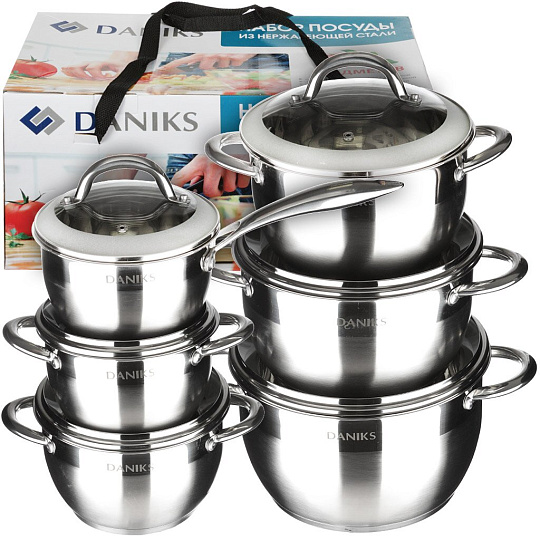 Набор посуды нержавеющая сталь, 12 предметов, кастрюли 2,3,4,4.7,6.5 л, ковш 2 л, индукция, Daniks, Мадрид/Виват, SD-332