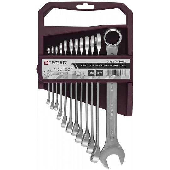 Набор ключей комбинированный, CWS0012, 12 предметов, Thorvik, 6-22 мм, пластиковый держатель, 52046