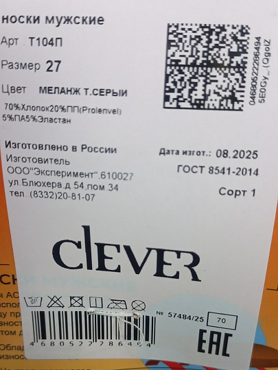 Носки для мужчин, хлопок, Clever, темно-серые, р. 27, термо плюш, Т104П