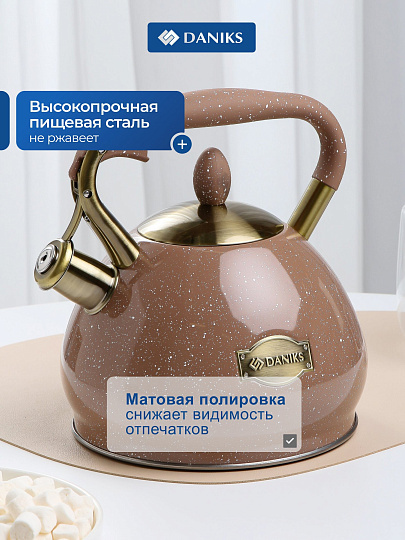 Чайник нержавеющая сталь, 3 л, со свистком, матовый, сталь 304, ручка с покрытием, нейлон, Daniks, индукция, коричневый, GS-04517H-2