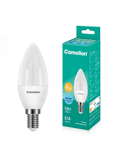 Лампа светодиодная E14, 5 Вт, 45 Вт, 220 В, свеча, 4000 К, нейтральный белый свет, Camelion, 12032
