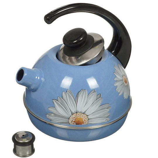 Чайник сталь, эмалированное покрытие, 3.5 л, со свистком, декор в ассортименте, ручка консольная, Рубин, Клубника с ромашкой, синий туман, T04/35/08/05/14