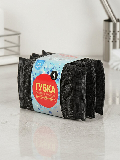 Губка для посуды, 4 шт, с металлизированной нитью, Аквамаг, ГПМ-004р