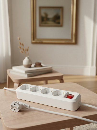 Удлинитель 4 гнезда, 10 м, с заземлением, 16 А, выключатель, 3680 Вт, белый, TDM Electric, Народный, SQ1303-1