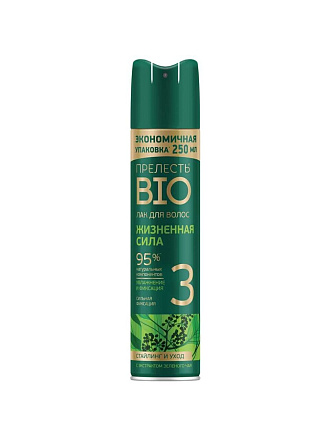 Лак для волос Прелесть Био, Жизненная сила, сильная фиксация, 210 мл, с экстрактом зеленого чая