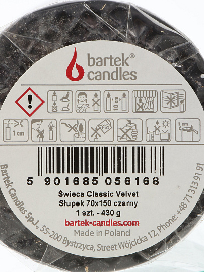 Свеча ароматизированная, 15х7 см, колонна, черная, Bartek Candles, Вельвет, классическая