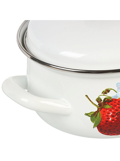 Кастрюля эмалированная сталь, 1.5 л, крышка сталь, сферический, Керченский металлургический завод, Клубника садовая, 61904-082/6, белая