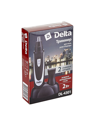 Триммер для стрижки, Delta, DL-4301, аккумуляторный, 2 Вт, черный с серебром, на подставке, 2 насадки