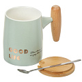 Кружка керамика, 400 мл, Тренды, с крышкой, с ложкой, крышка дерево, Y4-6254, в ассортименте - фото 3