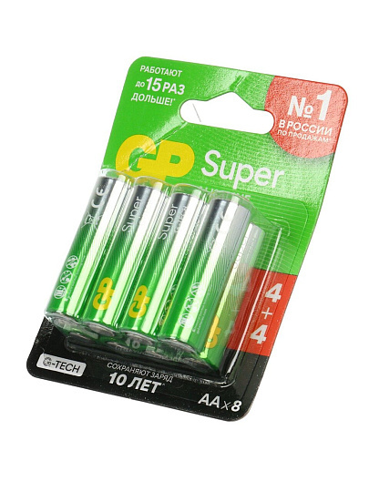 Батарейка GP, АА (LR6, 15A), Alkaline Super, щелочная, 1.5 В, блистер, 8 шт, 15A4/4-2CR8, 17027