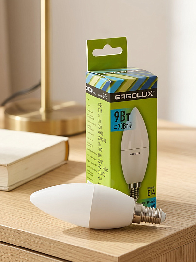 Лампа светодиодная E14, 9 Вт, 80 Вт, 220 В, свеча, 4000 К, нейтральный белый свет, Ergolux, 13168