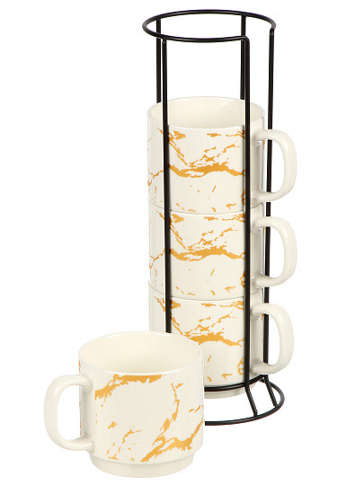 Кружка керамика, 4 шт, 300 мл, Мрамор с золотом, Y4-5347, белая, металлическая подставка