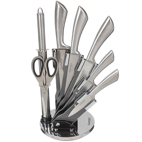 Набор ножей 8 предметов, 20 см, 20 см, 20 см, 12 см, 9 см, ножницы, муссат, нержавеющая сталь, рукоятка пластик, с подставкой, Daniks, Веер, YW-A235-5