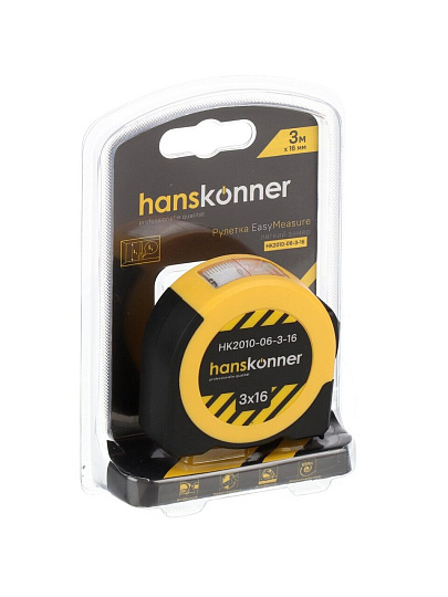 Рулетка 3 м, пластик, металл, 16 мм, с окном, Hanskonner, HK2010-06-3-16