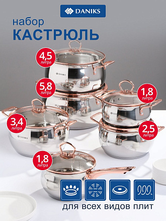 Набор посуды нержавеющая сталь, 12 предметов, кастрюли 1.8, 2.5, 3.4, 4.5, 5.8 л, ковш 1.8 л, индукция, Daniks, Карлин, GS-01332G-12SE
