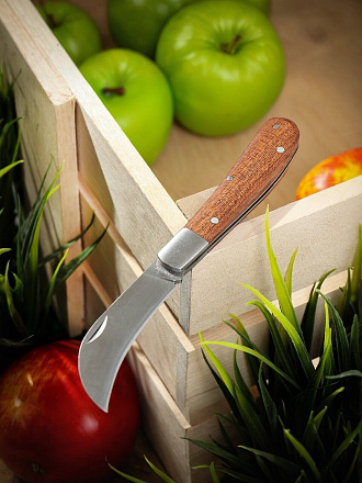 Нож садовый складной, изогнутый лезвие, 170 мм, рукоятка дерево, Grandy