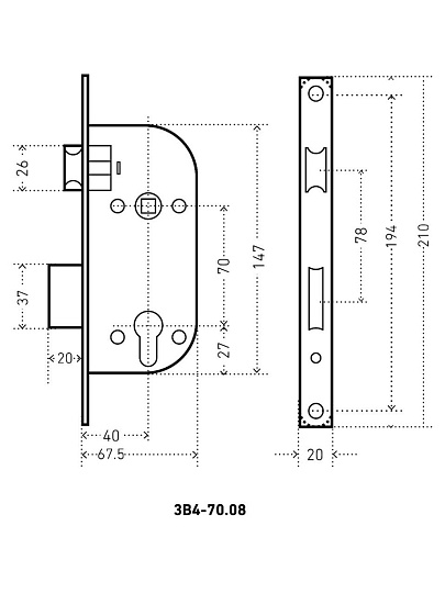 Замок врезной Аллюр, АРТ ЗВ4-70.08 CP, ручка в комплекте, цилиндровый, хром