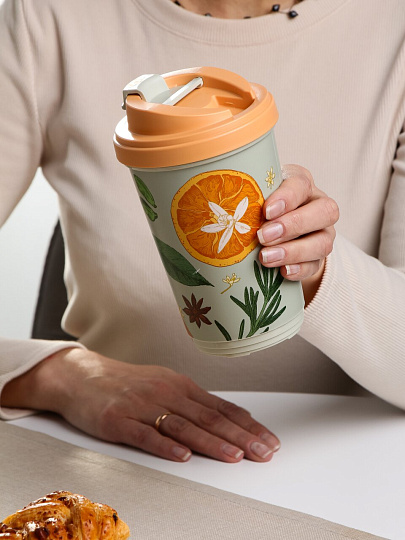 Термостакан пластик, 0.4 л, Бытпласт, Phibo Специи, с клапаном, с декором, бежевый, 435260030