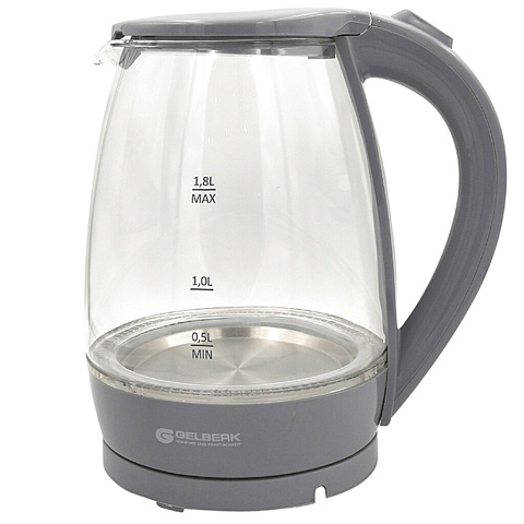 Чайник электрический Gelberk, GL-473, серый, 1.8 л, 2000 Вт, скрытый нагревательный элемент, стекло
