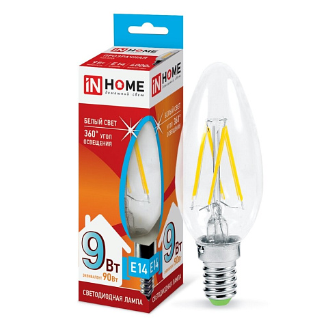 Лампа светодиодная E14, 9 Вт, 90 Вт, 230 В, свеча, 4000 К, свет холодный белый, In Home