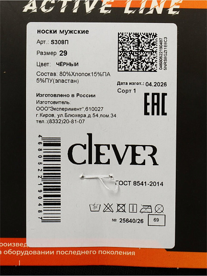 Носки для мужчин, Clever, Спорт, черные, р. 29, база, плюш, S308П