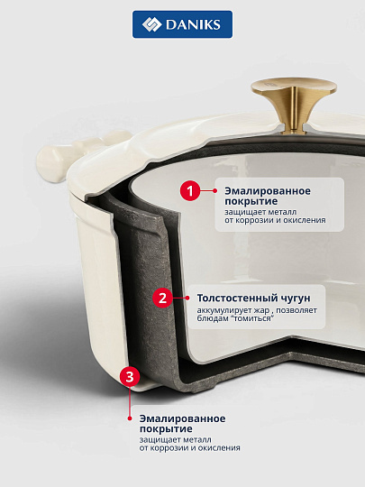 Кастрюля чугун, 2.8 л, крышка чугун, с эмалевым покрытием, круглая, Daniks, S-ACE220803-22, индукция
