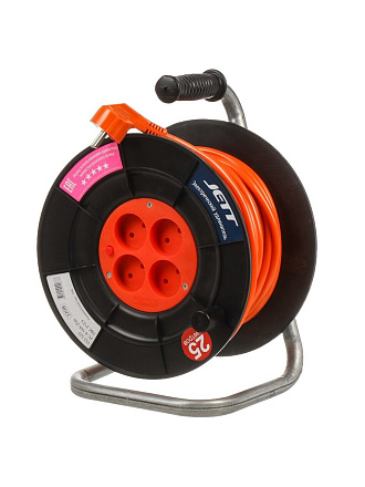 Удлинитель на катушке, 4 гнезда, 25 м, ПВС, 2х2.5 мм², без заземления, пластик, Jett, 153-525