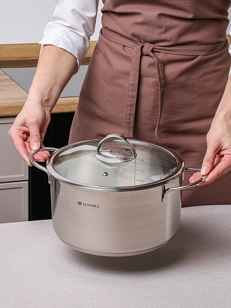 Кастрюля нержавеющая сталь, 5.8 л, крышка стекло, Daniks, Бонн, GS-01319-24CA, индукция