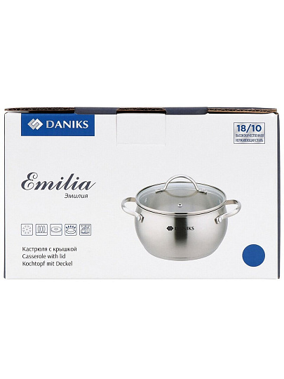 Кастрюля нержавеющая сталь, 6.5 л, крышка стекло, Daniks, Эмилия, CW-W075-24, индукция