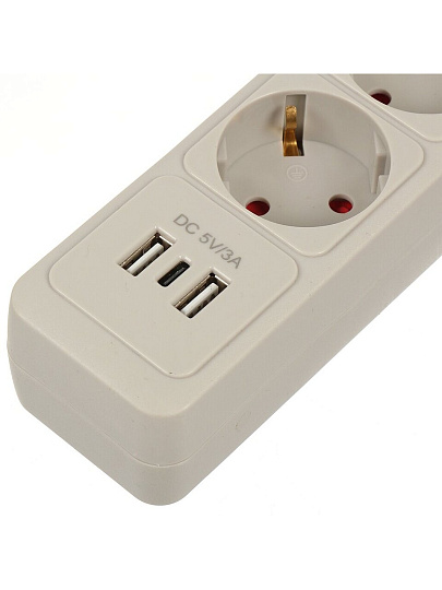 Сетевой фильтр 5 гнезд, 5 м, ПВС, 3х1 мм², с заземлением, 16 А, +2USB +TYPE C, 3.5 кВт, серый, Jett, 171-505