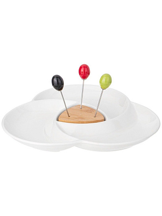 Менажница фарфор, дерево, металл, 31х3 см, 4 секции, 4 предмета, 3 вилки, Lefard, Native, 474-213