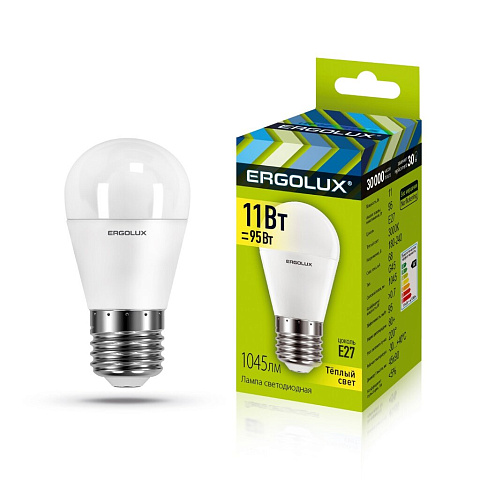 Лампа светодиодная E27, 11 Вт, 95 Вт, шар, 3000 К, свет теплый белый, Ergolux