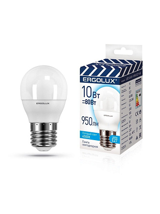 Лампа светодиодная E27, 10 Вт, 80 Вт, 220 В, шар, 4500 К, нейтральный белый свет, Ergolux