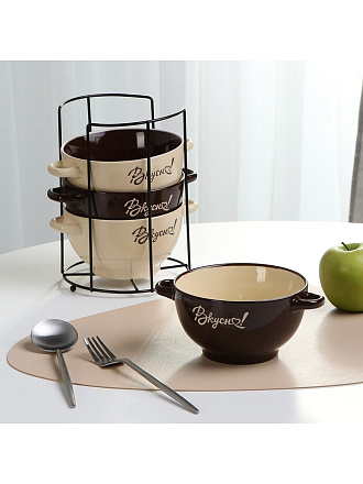 Бульонница керамика, 4 шт, 650 мл, металлическая подставка, Вкусно, ТМ Глория, 202310