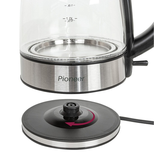 Чайник электрический Pioneer, KE807G, черный, 1.7 л, 2200 Вт, скрытый нагревательный элемент, стекло