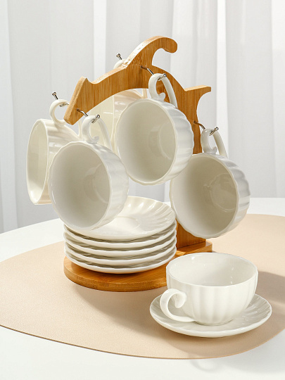 Набор чайный керамика, 12 предметов, на 6 персон, 190 мл, бамбуковая подставка, Y4-6613, подарочная упаковка