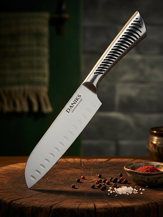 Нож кухонный Daniks, Optic, сантоку, нержавеющая сталь, 17.5 см, рукоятка сталь, YW-A245-SN