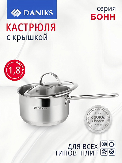 Ковш нержавеющая сталь, 1.8 л, крышка стекло, металлическая ручка, индукция, Daniks, Бонн, GS-01319-16SP