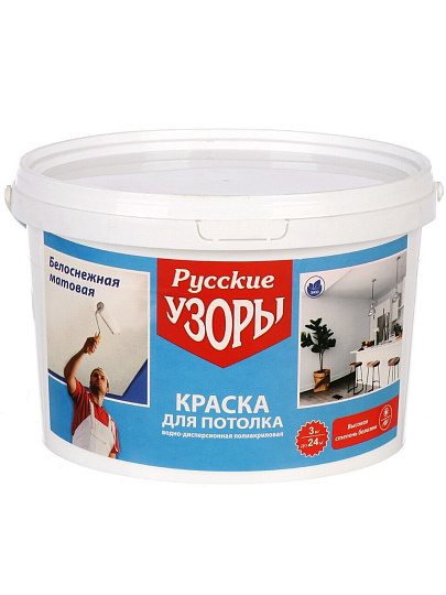 Краска водно-дисперсионная, Русские узоры, акриловая, для потолков, матовая, белоснежная, 3 кг